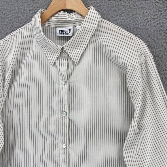 Chicos Shirt Womens 3 US Extra Large White Striped Button Up Collar Long Sleeves - Picture 2 of 9